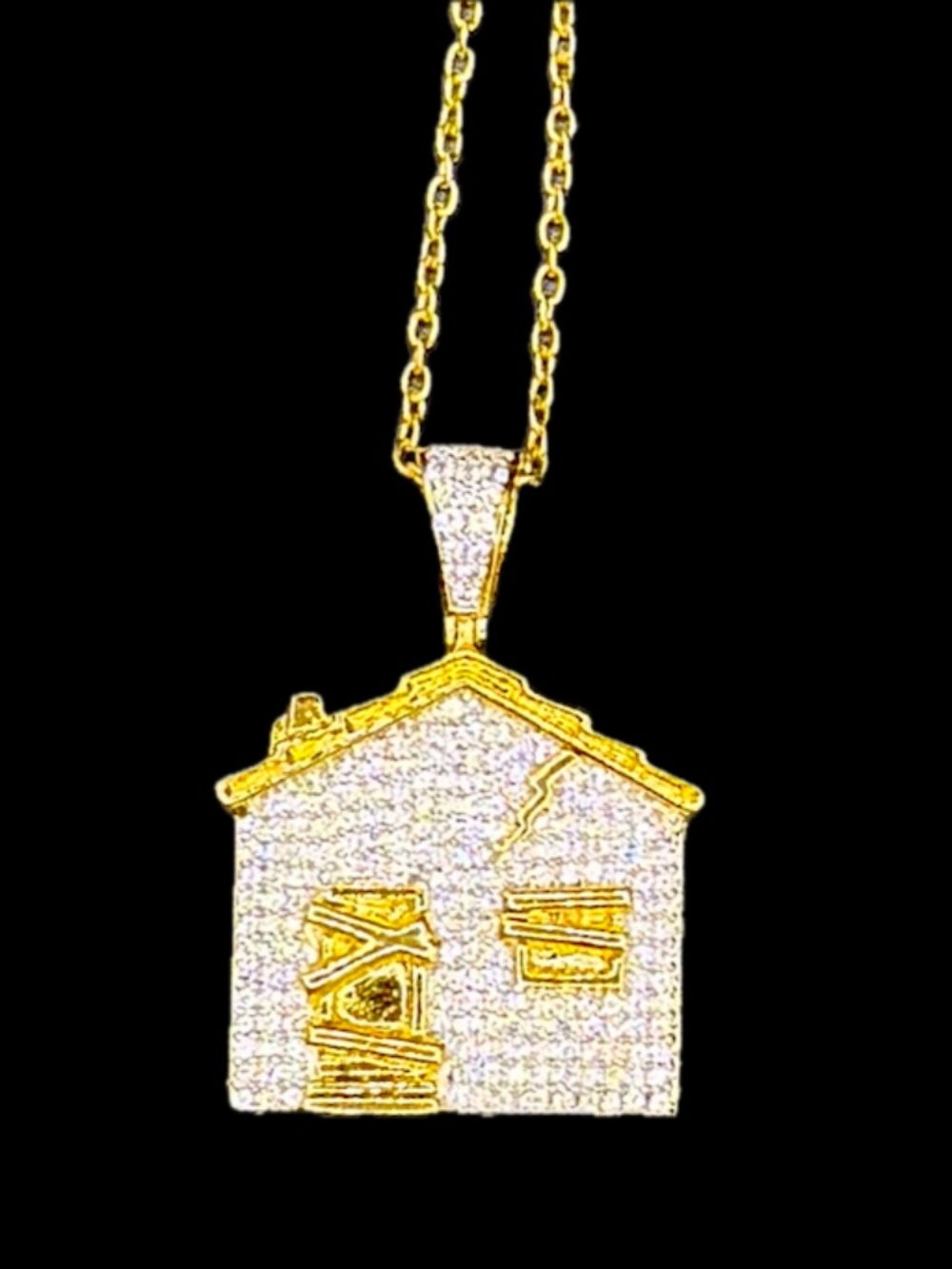 Iced Out Sides and Front - Trap House - Pendant Necklace - Gold Tone with Bling